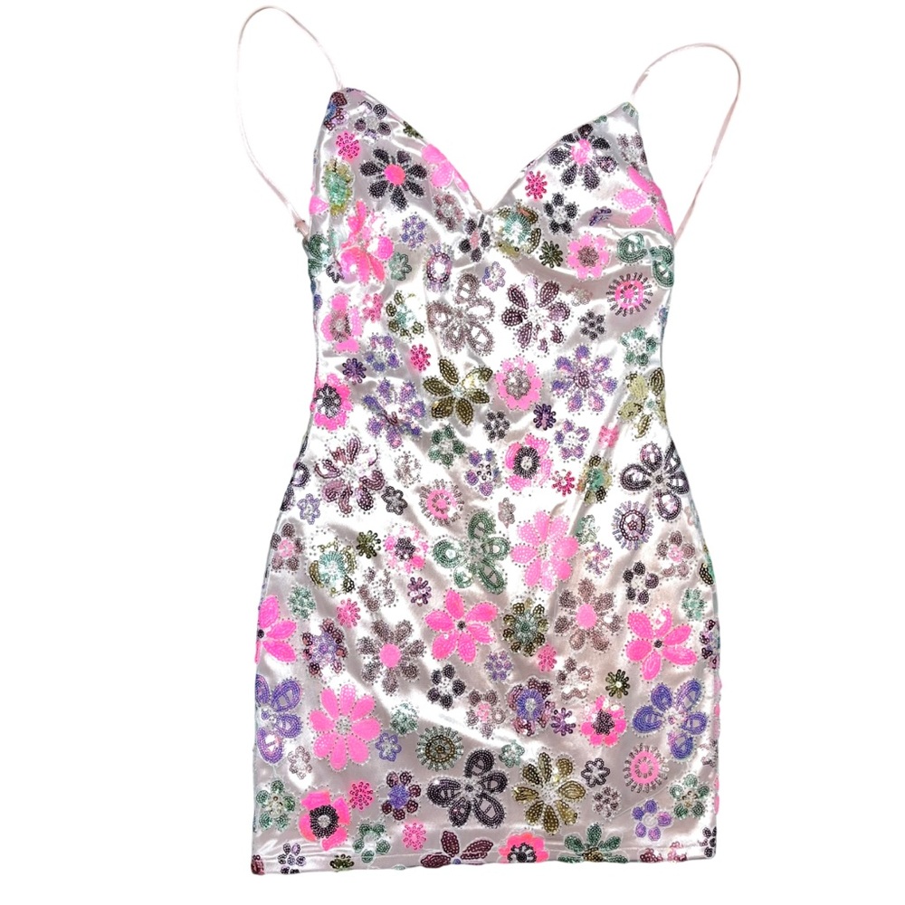 Dear Moon Party Hoco Prom Cocktail Dress  Short NWT Medium Pink Floral 9 Sequin